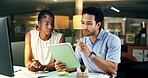 Night, people and conversation in office with tablet, research or idea planning for breaking news. Late, team or journalism in workplace with tech, article review or discussion for media publication.