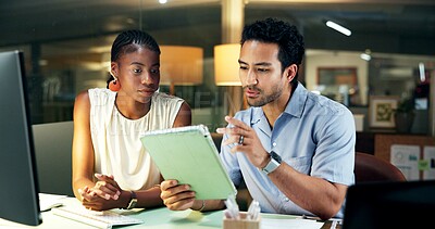 Buy stock photo Night, people and conversation in office with tablet, research or idea planning for breaking news. Late, team or journalism in workplace with tech, article review or discussion for media publication.