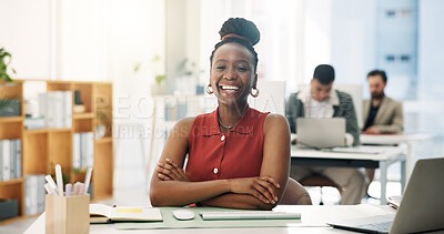 Buy stock photo Crossed arms, smile and portrait of businesswoman in office with confidence for creative career. Happy, professional and female magazine editor with laptop for article with publishing in workplace.