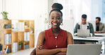 Crossed arms, happy and portrait of businesswoman in office with confidence for creative career. Smile, professional and female magazine editor with laptop for article with publishing in workplace.