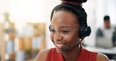 Buy stock photo Happy woman, consultant and office with headset for CRM, communication or online advice. Female person, agent or friendly advisor with mic for virtual assistance, help or telemarketing in call center