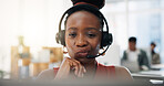 Woman, agent and thinking with headset for CRM, communication or online advice in office. Thoughtful, female person or friendly consultant with mic for virtual assistance or help in call center
