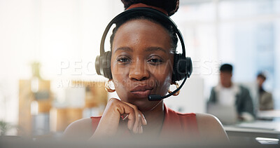 Buy stock photo Woman, agent and thinking with headset for CRM, communication or online advice in office. Thoughtful, female person or friendly consultant with mic for virtual assistance or help in call center