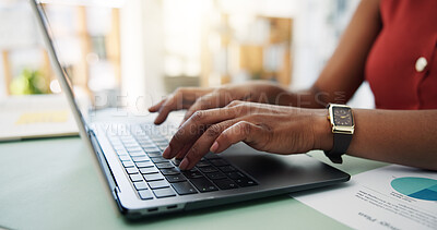 Buy stock photo Hands, laptop and typing with documents at startup, charts and stats for target market at company. Person, computer and review with advertising, graphs and project management at creative agency