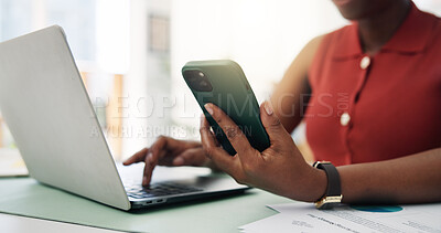 Buy stock photo Hands, laptop and woman in office, cellphone or digital app for communication. Person, website info or professional with computer, smartphone or message to contact, email notification or connection