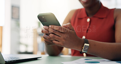Buy stock photo Hands, smartphone and woman in office, internet or digital app for communication. Person, mobile user or professional in workplace, cellphone or message to contact, email notification or website info
