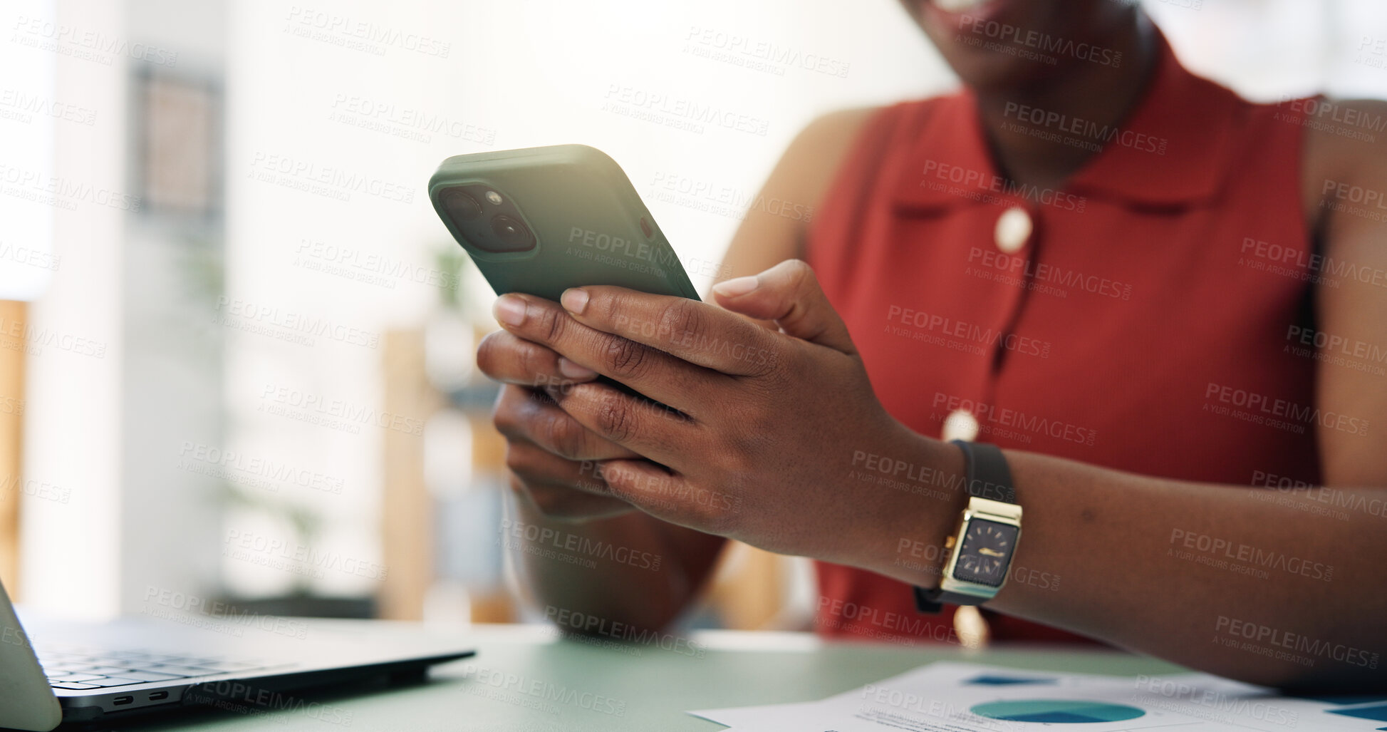 Buy stock photo Hands, smartphone and woman in office, internet or digital app for communication. Person, mobile user or professional in workplace, cellphone or message to contact, email notification or website info