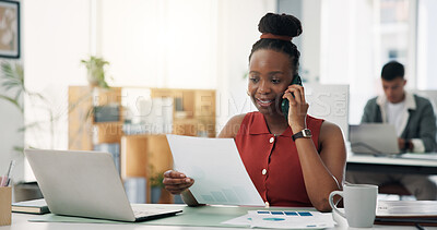 Buy stock photo Phone call, documents and businesswoman with laptop in office with communication for finance feedback. Cellphone, computer and female financial manager on mobile discussion for investment deal.