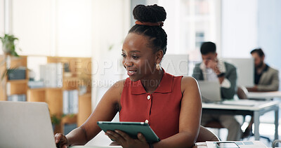 Buy stock photo Business, woman and reading with tech in office for research, editing draft and fact checking. Journalist, coworking and laptop with editor feedback, proofreading article and story headline at agency