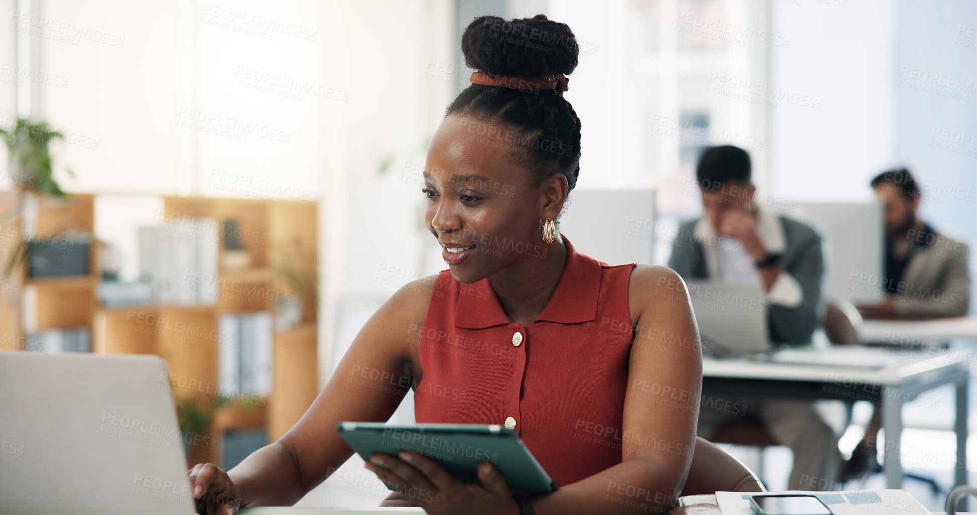 Buy stock photo Business, woman and reading with tech in office for research, editing draft and fact checking. Journalist, coworking and laptop with editor feedback, proofreading article and story headline at agency