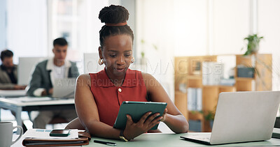 Buy stock photo Business, woman and reading with tablet in office for research, editing draft and fact checking. Journalist, coworking and tech with editor feedback, proofreading article and story headline at agency