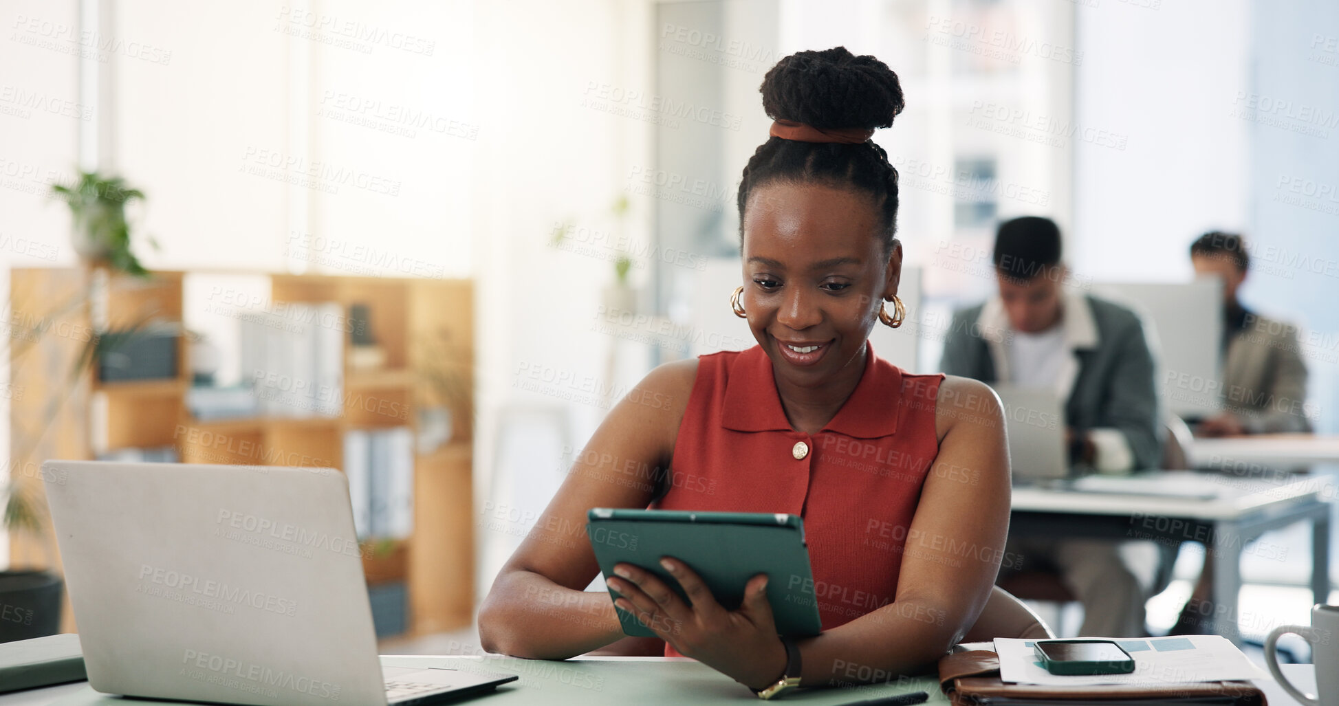 Buy stock photo Business, woman and smile with tablet in office for research, editing draft and check facts. Journalist, coworking and technology for editor feedback, proofreading article or story headline at agency