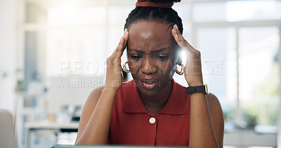 Buy stock photo Black woman, headache and stress at startup, office and frustrated with temple massage at media company. African person, migraine and chronic pain with fatigue, vertigo or burnout at creative agency