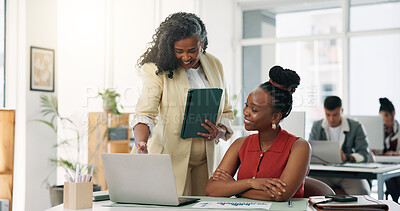 Buy stock photo Collaboration, laptop and feedback with designer people at desk in office for help or planning. Design, tablet and teamwork with employee team in creative workplace together for project management