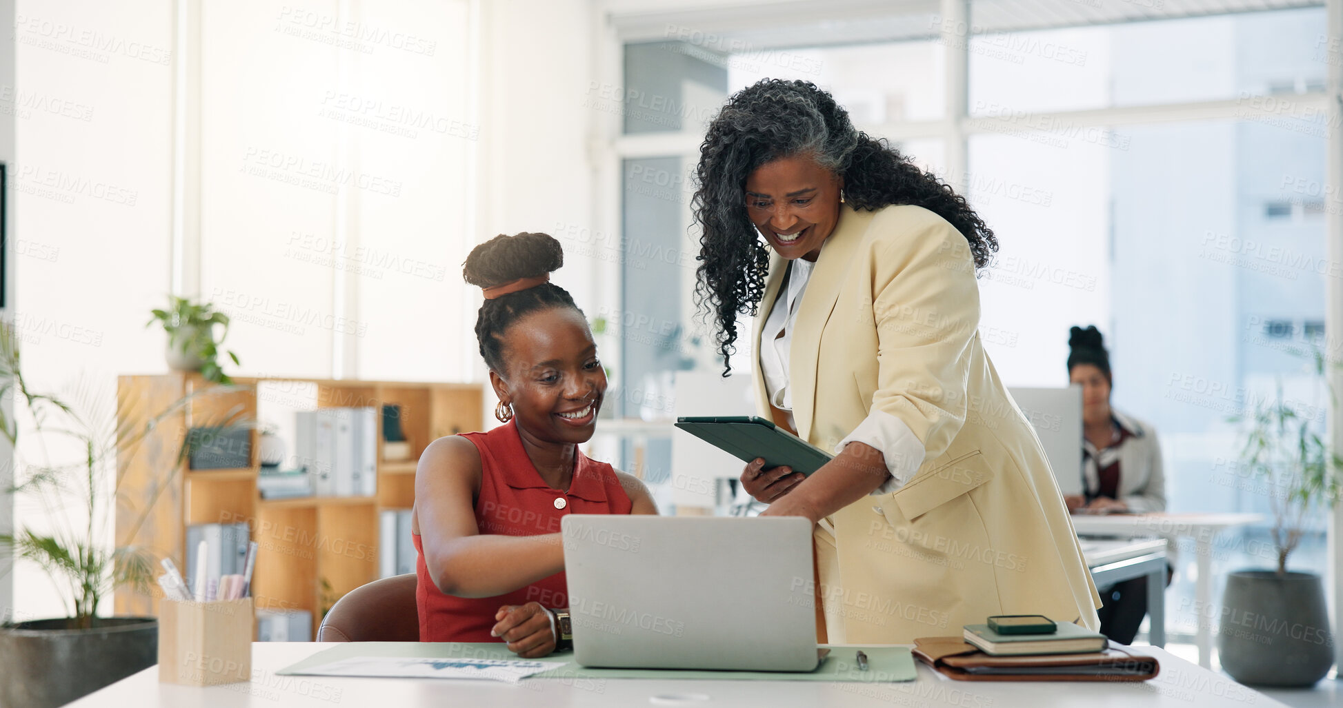 Buy stock photo Laptop, planning and teamwork with designer people at desk in office for feedback or help. Collaboration, design and tablet with employee team in creative workplace together for project management