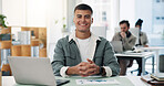 Laptop, happy and portrait of businessman in office with confidence for creative career. Smile, computer and male magazine editor with pride for article publishing in coworking space at workplace.