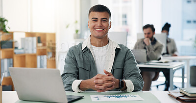 Buy stock photo Laptop, happy and portrait of businessman in office with confidence for creative career. Smile, computer and male magazine editor with pride for article publishing in coworking space at workplace.