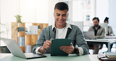 Buy stock photo Business, man and reading with tablet in office for research, editing draft and fact checking. Journalist, coworking and tech with editor feedback, proofreading article and story headline at agency