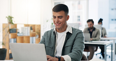 Buy stock photo Business, man and typing with laptop in office for research, editing draft and fact checking. Journalist, coworking and tech with editor feedback, proofreading article and story publication at agency