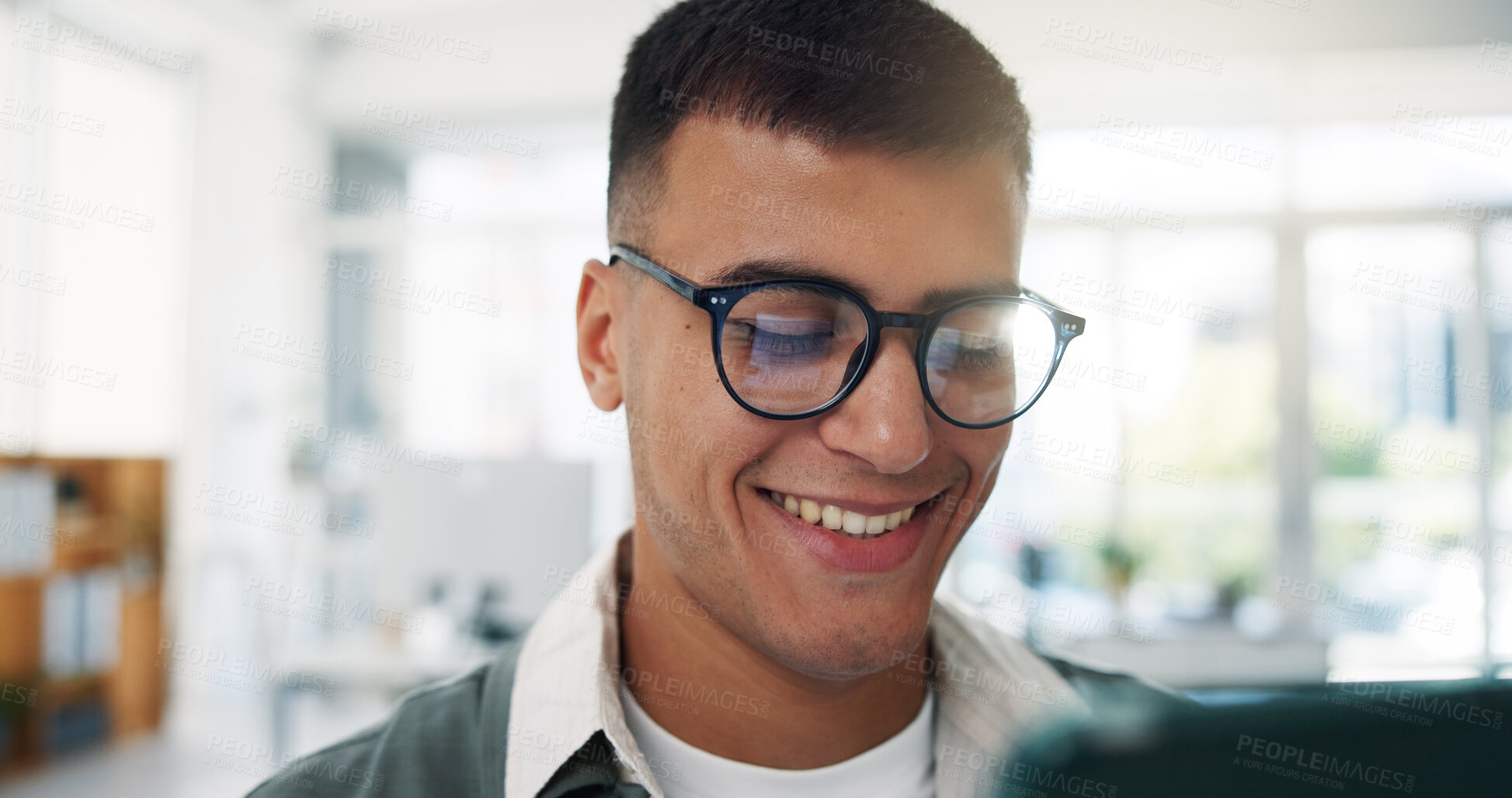 Buy stock photo Creative, man and reading with laptop in office for research, editing draft and fact checking. Happy, journalist and glasses with pc for editor feedback, proofreading article and publication of story