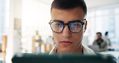 Buy stock photo Business, man and reading with laptop in office for research, editing draft and fact checking. Journalist, coworking or glasses with pc for editor feedback, proofreading article and story publication