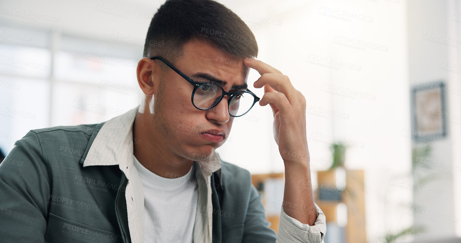 Buy stock photo Man, confused and thinking at startup, office and frustrated with decision for proposal at media company. Person, glasses and doubt with choice, mistake or perspective for project at creative agency