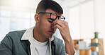 Frustrated, businessman or headache with stress or eye strain for overworked or deadline in office. Man, employee or migraine with glasses for fail, wrong frame or optometry prescription in workplace