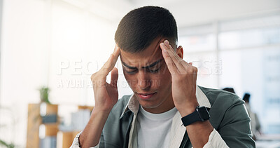 Buy stock photo Frustrated, businessman and headache with stress in office for overworked pressure, mistake or strain. Tired, man or employee with migraine or anxiety for project deadline or burnout in workplace