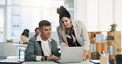 Buy stock photo Collaboration, feedback and laptop with designer people at desk in office for help or review. Computer, design and planning with employee team in creative workplace together for project management