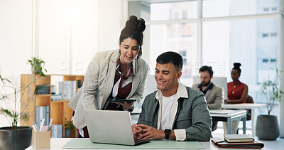 Buy stock photo Collaboration, laptop and planning with designer people at desk in office for feedback or help. Computer, design and teamwork with employee team in creative workplace together for project management
