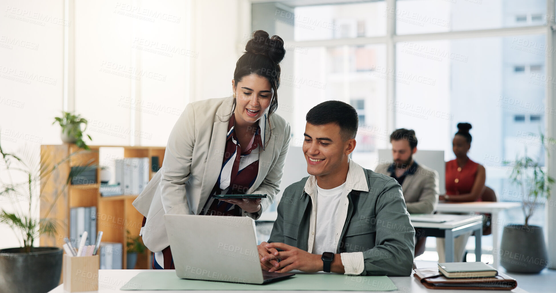 Buy stock photo Collaboration, laptop and planning with designer people at desk in office for feedback or help. Computer, design and teamwork with employee team in creative workplace together for project management