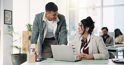 Buy stock photo Conversation, laptop and planning with designer people at desk in office for feedback or help. Collaboration, computer and design with employee team in workplace together for project management