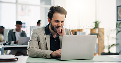 Buy stock photo Businessman, thinking and laptop with email for business proposal, idea or decision in office. Man, employee or reading with computer for corporate project planning, research or network in workplace