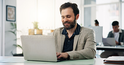 Buy stock photo Creative, man and typing with laptop in office for research, editing draft and fact checking. Journalist, coworking and tech with editor feedback, proofreading article and story publication at agency