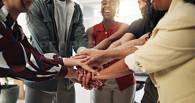 Buy stock photo Stack of hands, partnership and business people in office for teamwork, collaboration or support. Celebration, solidarity and group of creative editors with cheering for publishing deal in workplace.