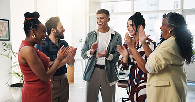 Buy stock photo Business people, applause and team at startup, celebration and success with goals in office at company. Group, staff and happy with motivation, congratulations and announcement at creative agency
