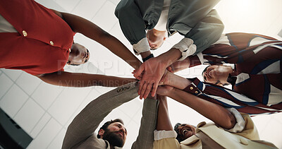 Buy stock photo Stack of hands, support and business people in office for teamwork, collaboration or solidarity. Celebration, partnership and group of creative editors with cheering for publishing deal from below.