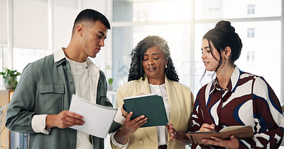 Buy stock photo Media agency, talking and people in office, tablet and ideas for story submission. Employees, copywriting and journalist with teamwork, internet or cooperation for creative project or app for editing