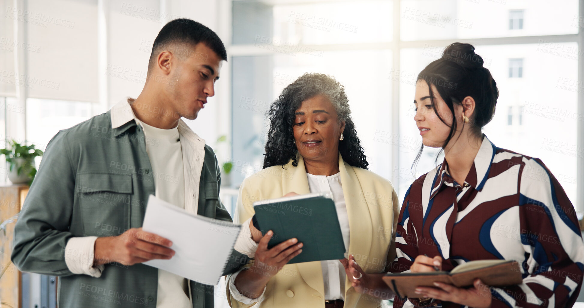 Buy stock photo Media agency, talking and people in office, tablet and ideas for story submission. Employees, copywriting and journalist with teamwork, internet or cooperation for creative project or app for editing