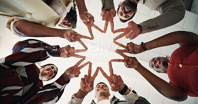 Buy stock photo Happy, business people or unity with star hands below for meeting, mission or collaboration. Low angle, group or employees in circle or huddle with sign, shape or solidarity for teamwork in workplace