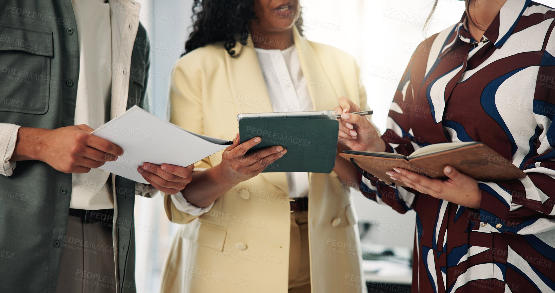 Buy stock photo Business people, hands and tablet with documents for brainstorming or planning in office. Group, employees or colleagues with technology or notes for creative strategy, schedule or work checklist