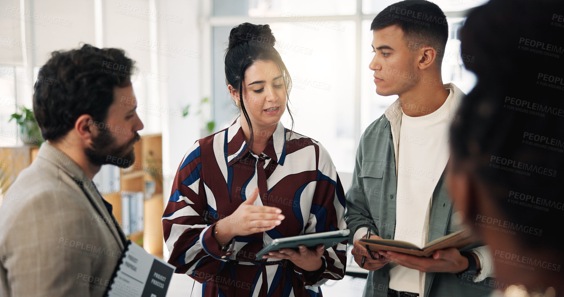 Buy stock photo Media agency, talking and people in meeting, tablet and feedback for story submission. Group, copywriting and journalist with teamwork, ideas or cooperation for creative project or app for editing