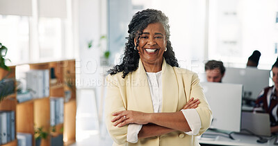 Buy stock photo Crossed arms, happy and portrait of businesswoman in office with confidence for finance career. Smile, professional and mature female financial manager with pride for investment proposal at workplace