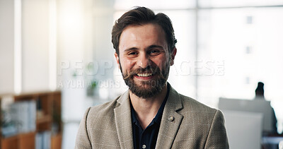 Buy stock photo Portrait, journalism or man with smile in agency, confident or writing career for startup publication. Professional, pride or employee in office for project development, news story or feature article