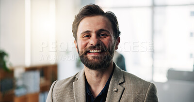 Buy stock photo Happy man, portrait and business with pride in office for corporate startup or development. Businessman, employee or company growth with smile for career, improvement or job opportunity in workplace