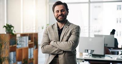 Buy stock photo Crossed arms, happy and portrait of businessman in office with confidence for finance career. Smile, professional and male financial manager with pride for investment proposal at workplace in Germany