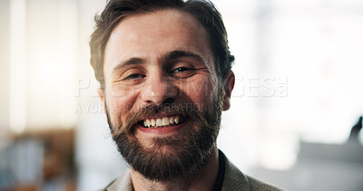 Buy stock photo Happy, businessman and portrait with pride in office for corporate startup or development. Man, employee or company growth with smile for career success, improvement or job opportunity in workplace