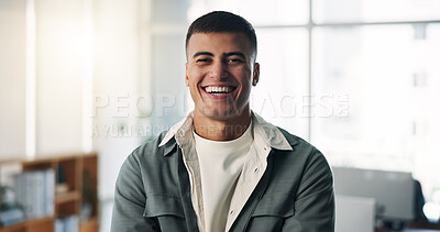 Buy stock photo Portrait, journalist or man with smile in agency, confident or writing career for startup publication. Professional, laugh or employee in office for project development, news story or feature article