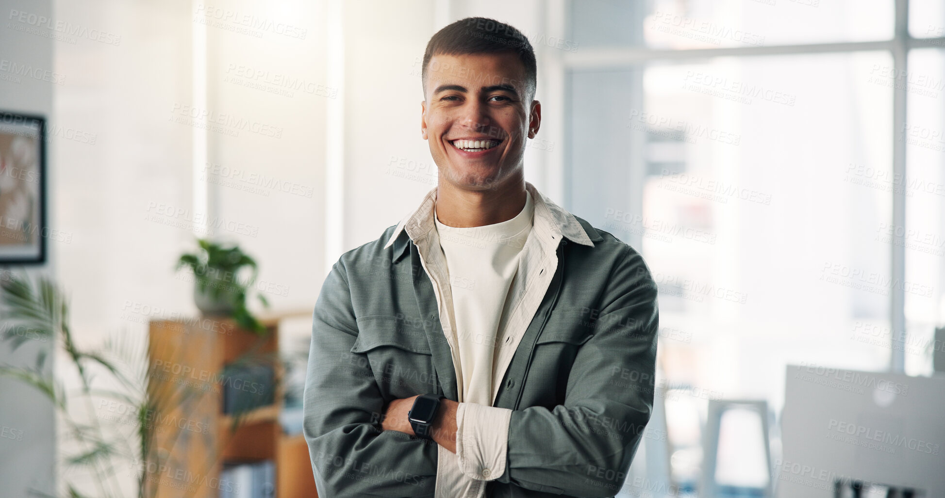 Buy stock photo Crossed arms, smile and portrait of businessman in office with confidence for creative career. Happy, professional and male magazine editor with pride for article with publishing at workplace in Cuba