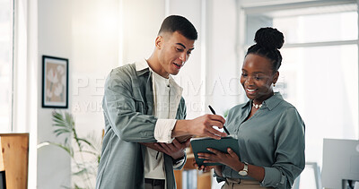 Buy stock photo Reading, meeting or people with tablet for feedback, explain project assignment or details for proposal. Brand requirement, teamwork or employee with director for discussion, campaign plan or tech